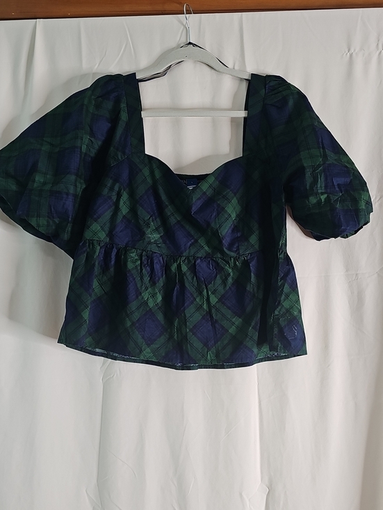 Old Navy Tops - Old Navy Green & Navy Plaid Puff-Sleeve Square-Neck Top